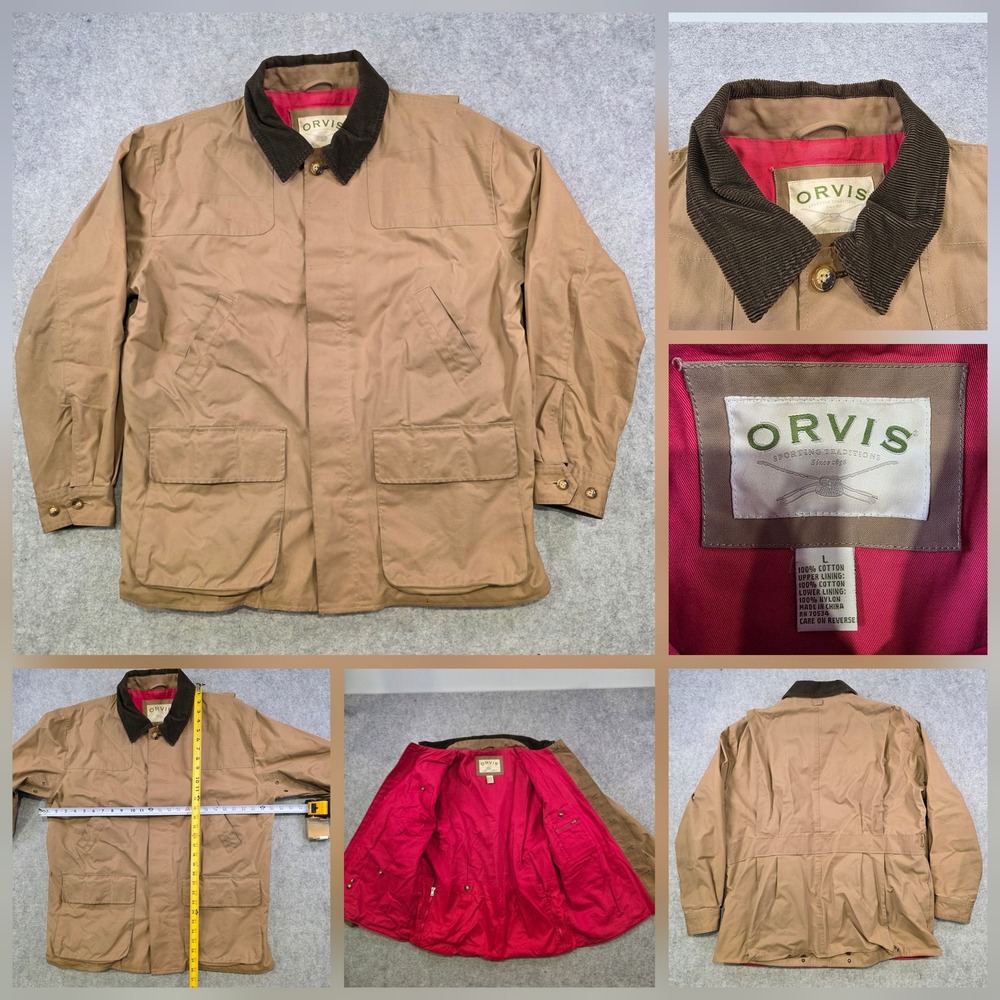 Orvis Barn Jacket Mens Large Beige Canvas Field Hunting Corduroy Collar Lined